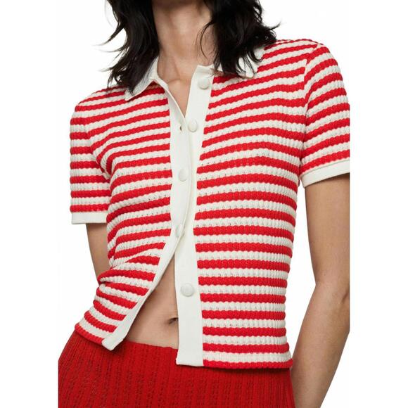 Uniqlo Cotton Blend Combined Knitted T-Shirt Coral Red Stripes NWT Size Small - Picture 1 of 7